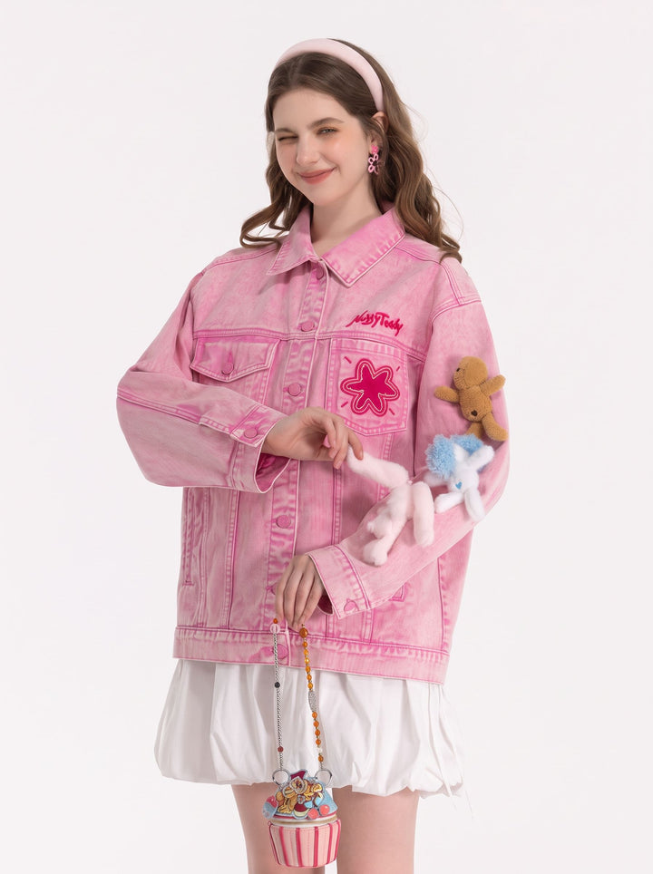 Oversized Pink Graphic Denim Jacket