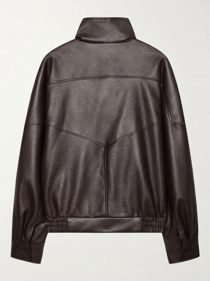 Oversized Brown Faux Leather Bomber Jacket