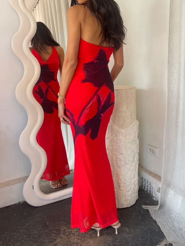 Satin Halter Floral Maxi Dress