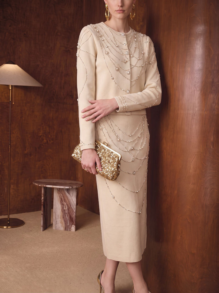 Embellished Rhinestone Pearl Knit Cardigan