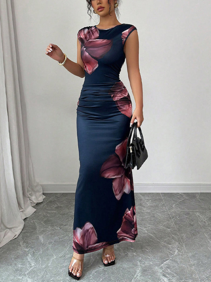 Fitted Floral Sleeveless Wedding Guest Midi Dress