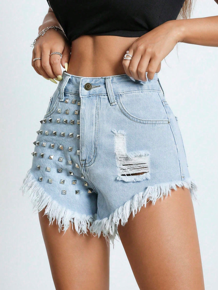 Studded Distressed Frayed Hem Denim Shorts