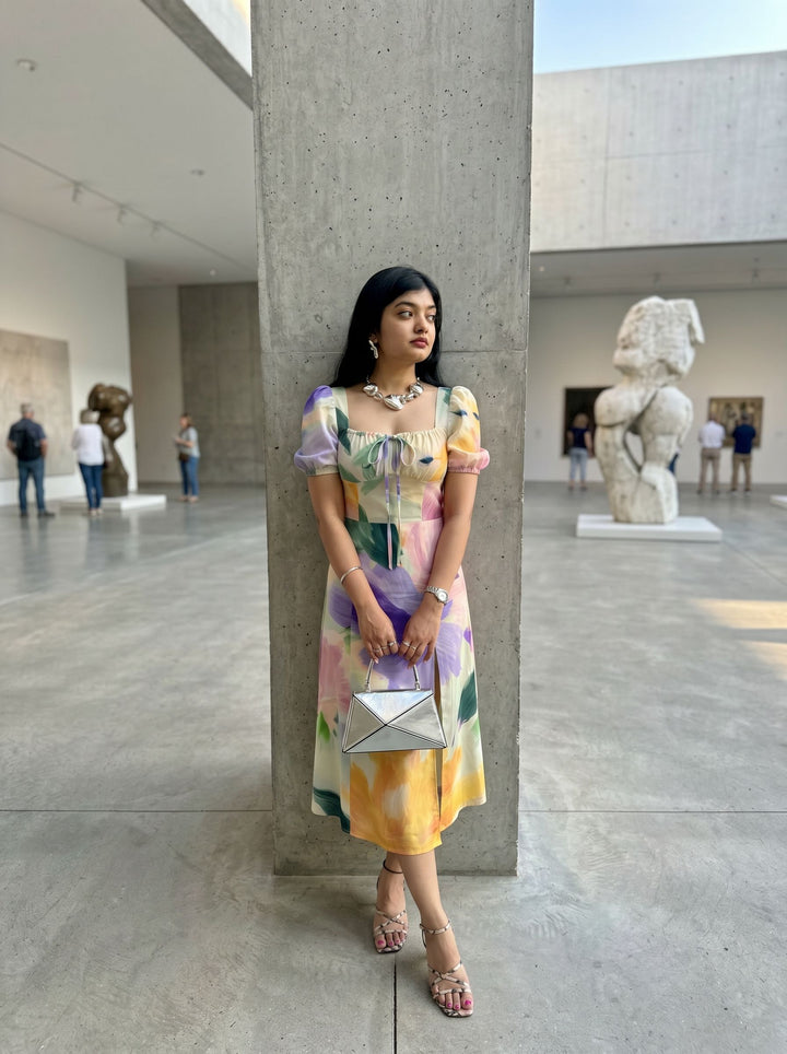 CORA Abstract Watercolor Print Puff Sleeve Tie MidiDress