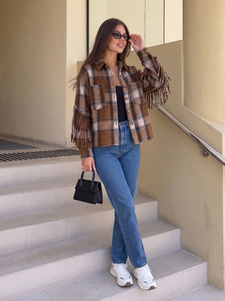 Fringed Plaid Button Down Shirt