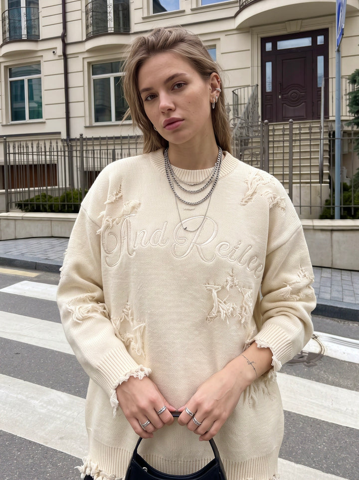 Distressed Oversized Graphic Knit Sweater