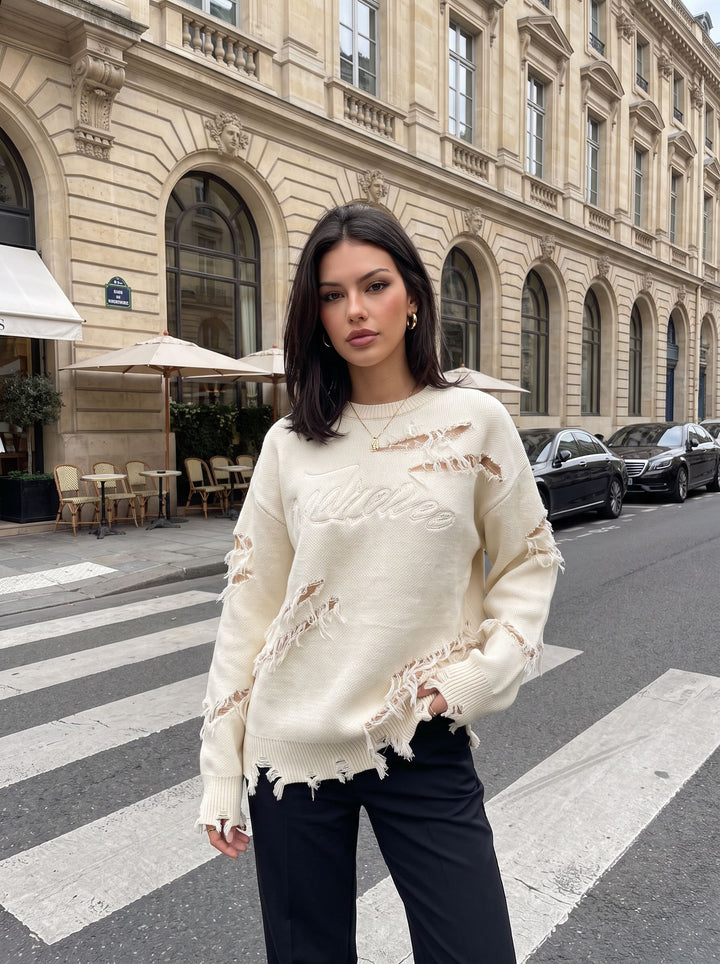 Distressed Oversized Graphic Knit Sweater
