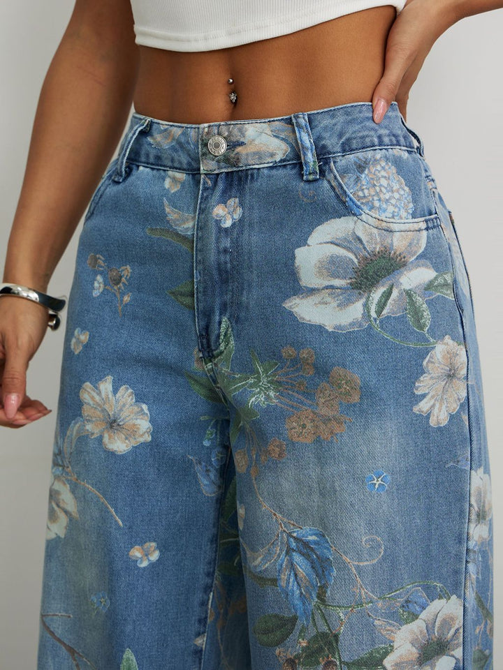 Floral Print Wide Leg Jeans