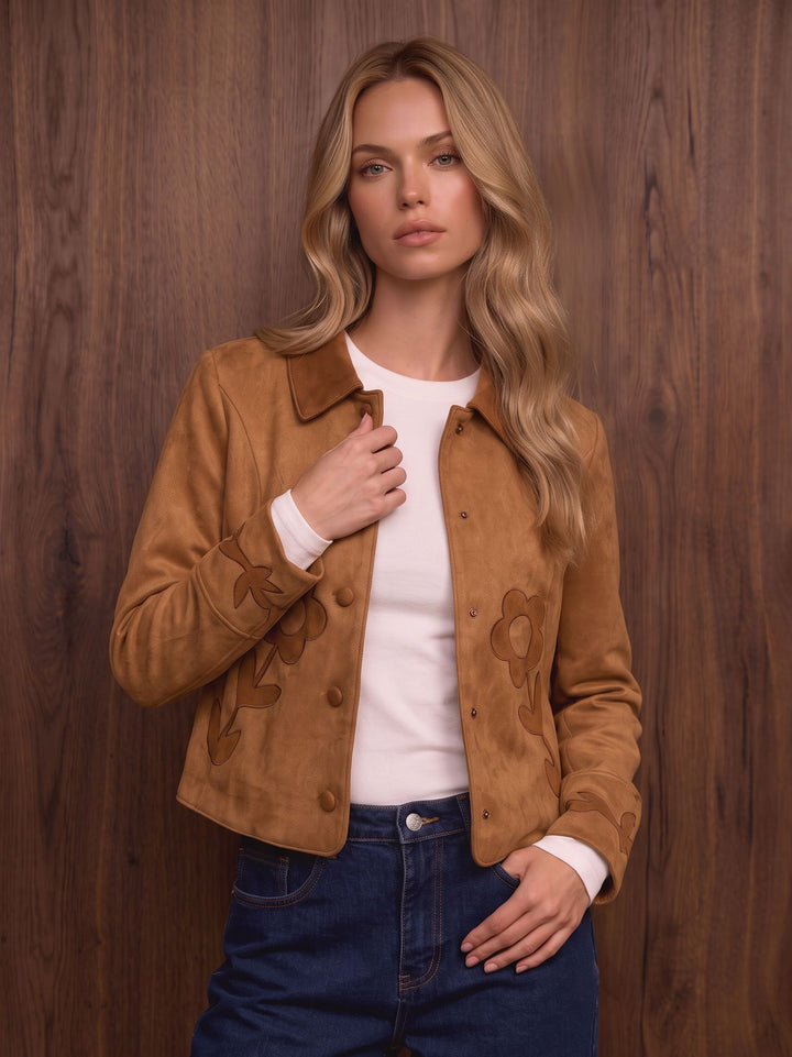 Embroidered Suede Button Up Jacket