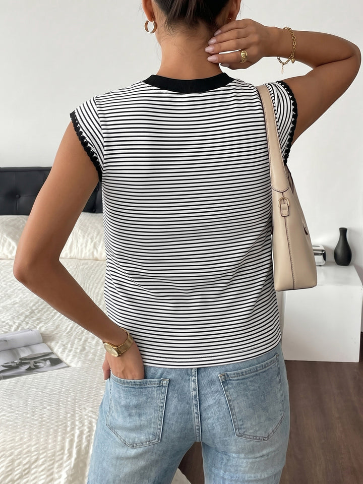 Lace Trim Striped Fitted T-Shirt