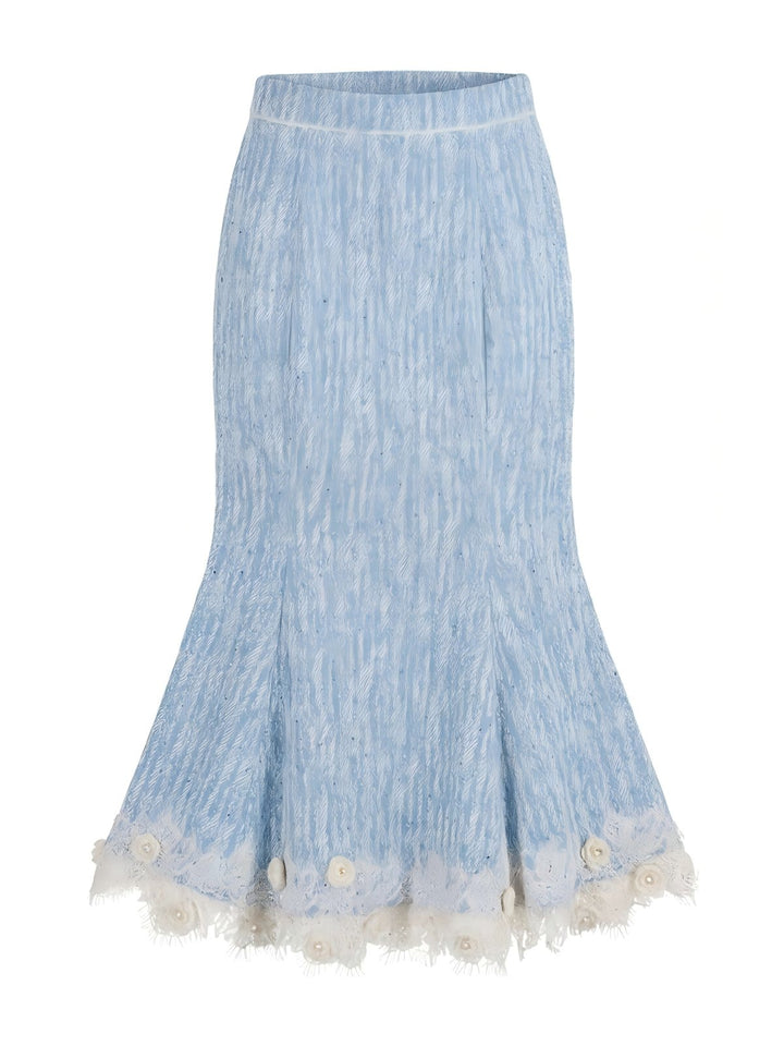 Blue Tweed Lace Trim Mermaid Skirt