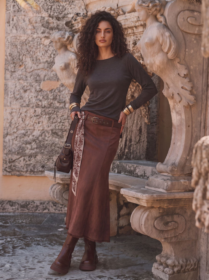Faux Suede Distressed Midi Skirt