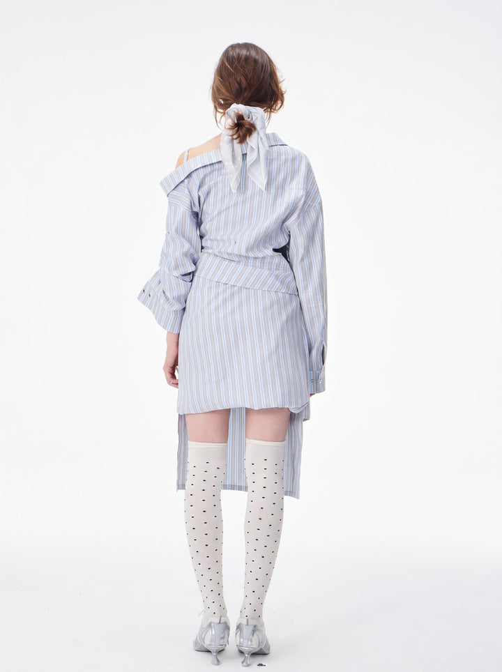 Asymmetrical Striped Cold Shoulder Shirt Dress