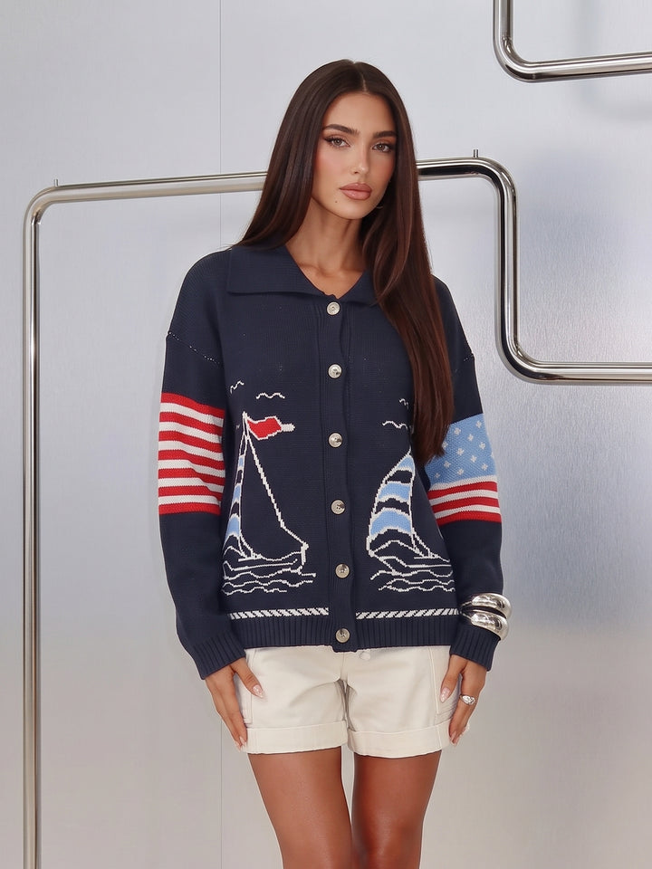 Nautical Graphic Oversized Knit Cardigan