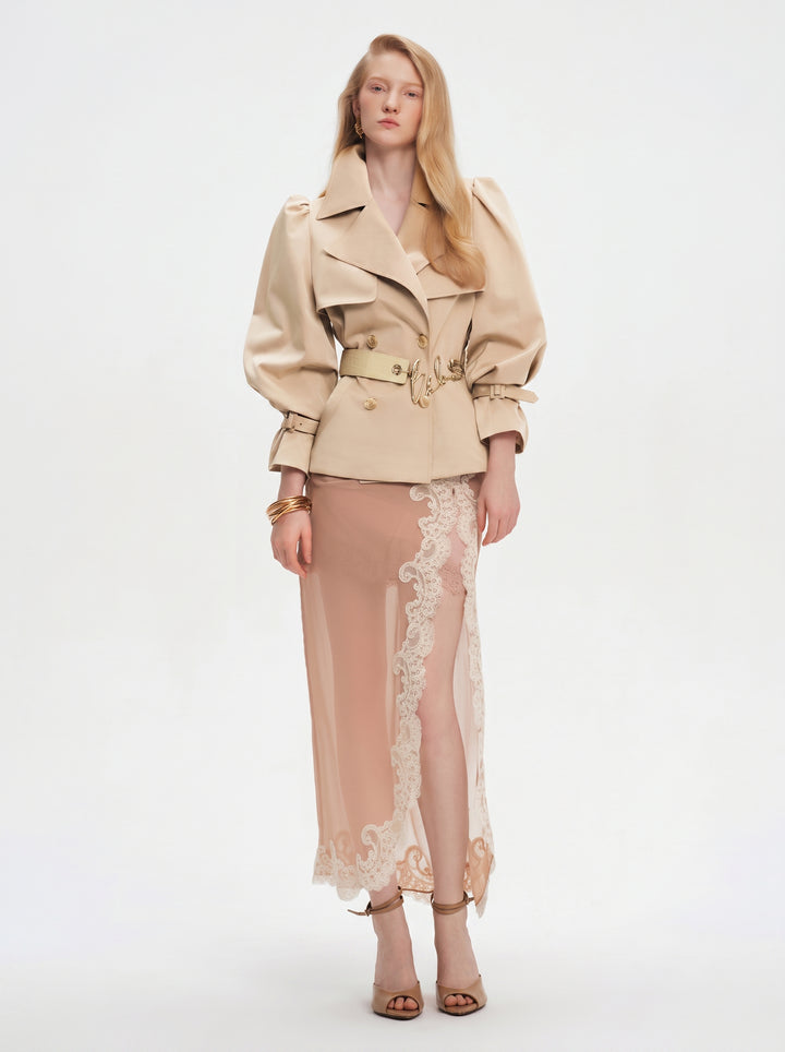 Puff Sleeve Belted Cropped Trench Coat