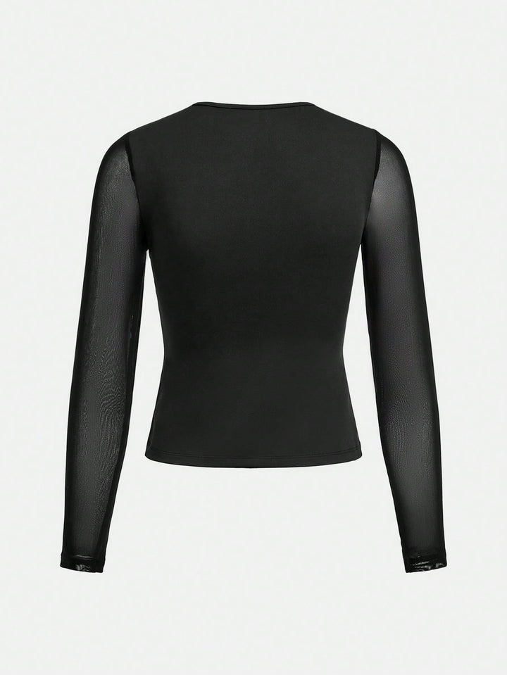 Stretchy Grommet Detail Mesh Top