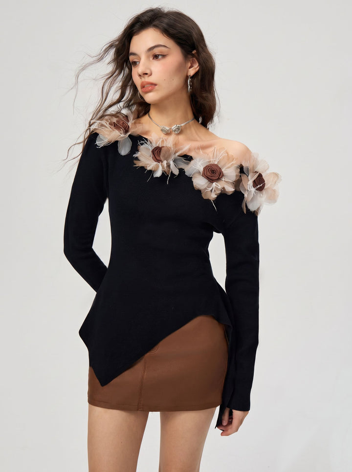 Floral Applique Off Shoulder Sweater