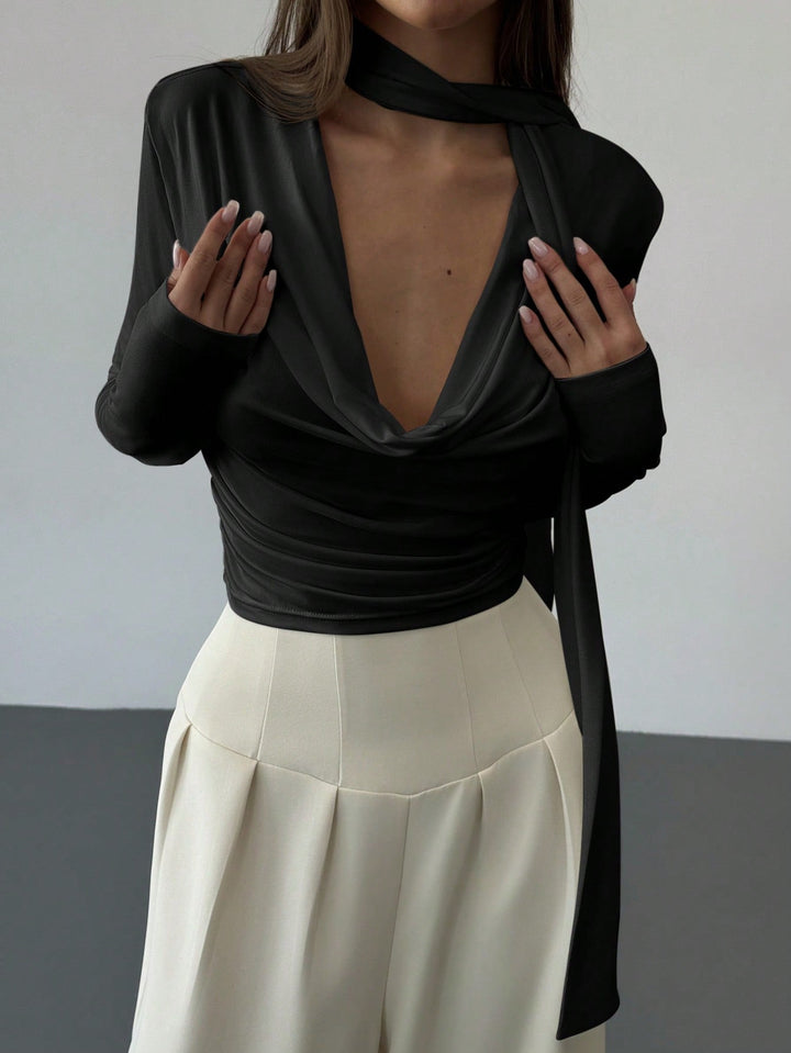 Draped Cowl Neck Long Sleeve Top
