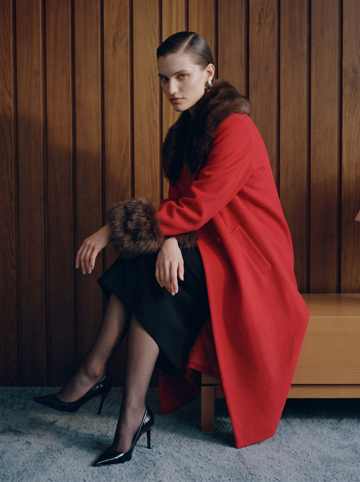 Faux Fur Trim Double Breasted Coat