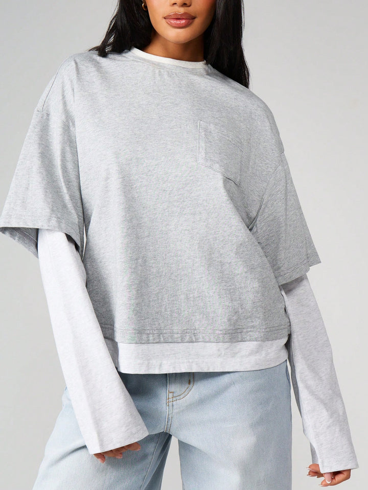 Oversized Layered Pocket Crewneck T Shirt