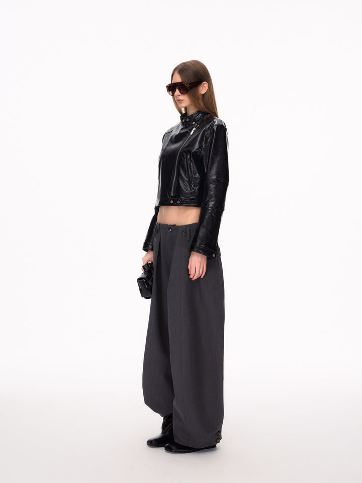 Cropped Slim Fit Biker Leather Jacket
