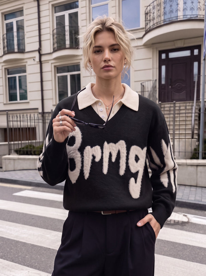 Oversized Graphic Collared Knit Pullover