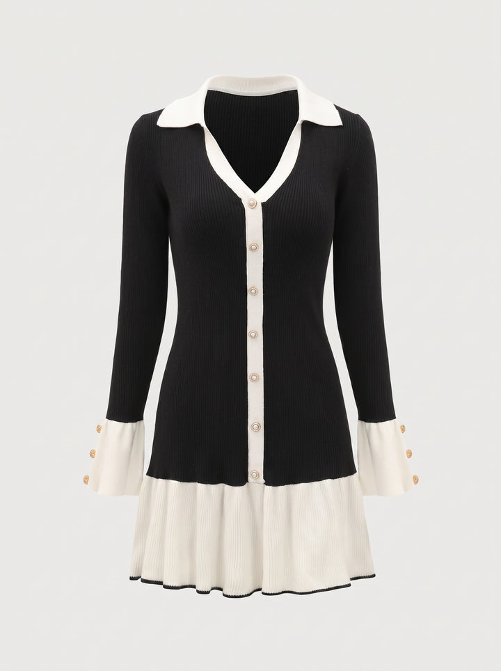 Contrast Button Down Knit Mini Dress
