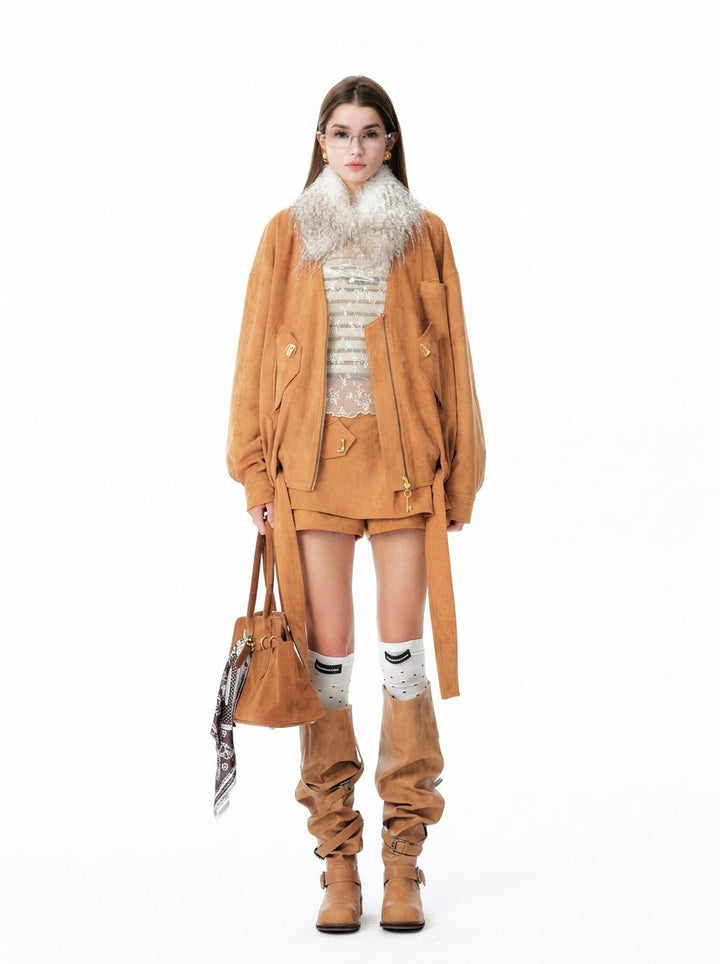 Suede Pleated Wrap Skort Shorts