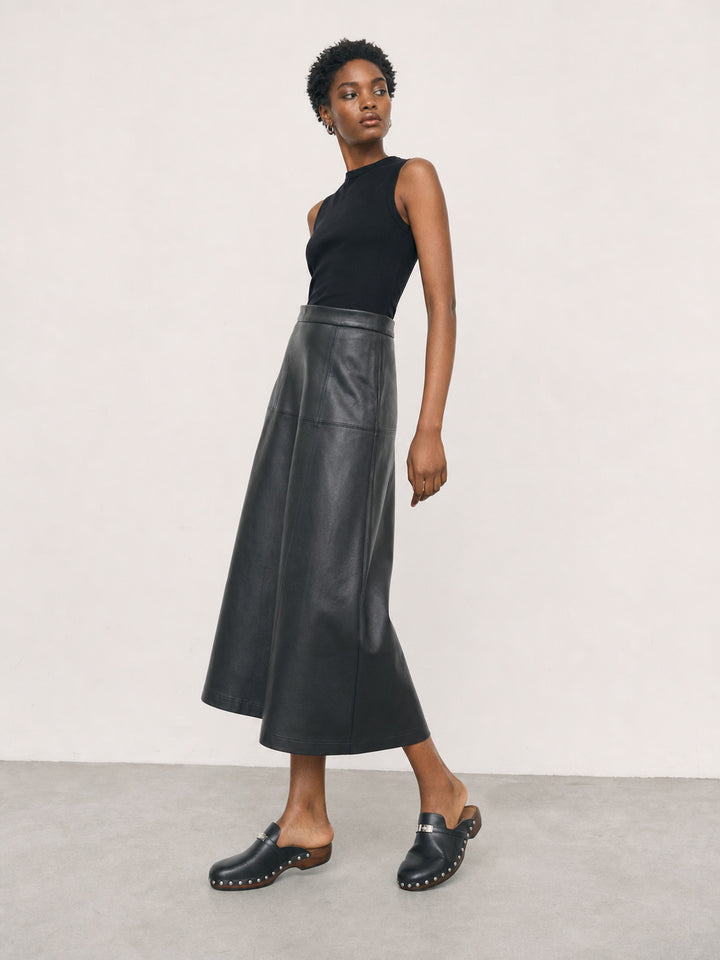 High Waisted Faux Leather Midi Skirt