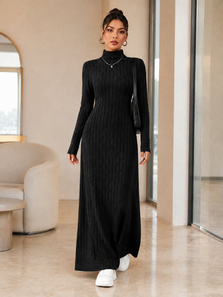 Ribbed Turtleneck Long Sleeve Maxi Dress