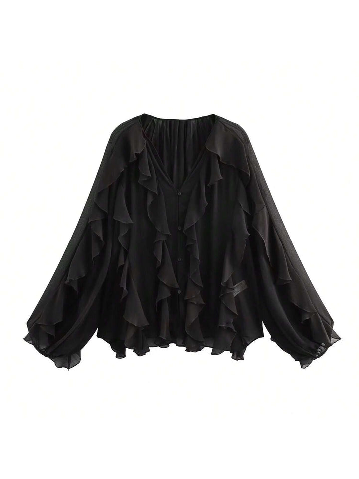 Sheer Ruffle Trim Button Down Blouse