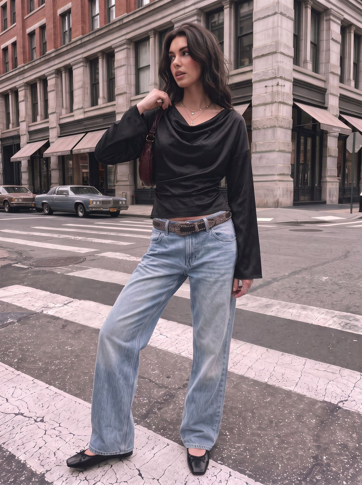 Satin Drape Neck Bell Sleeve Blouse