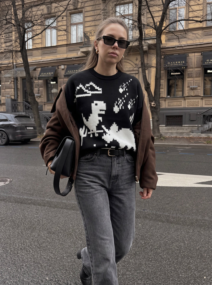 Retro 8-Bit Dino Print Oversized Black Knit Sweater