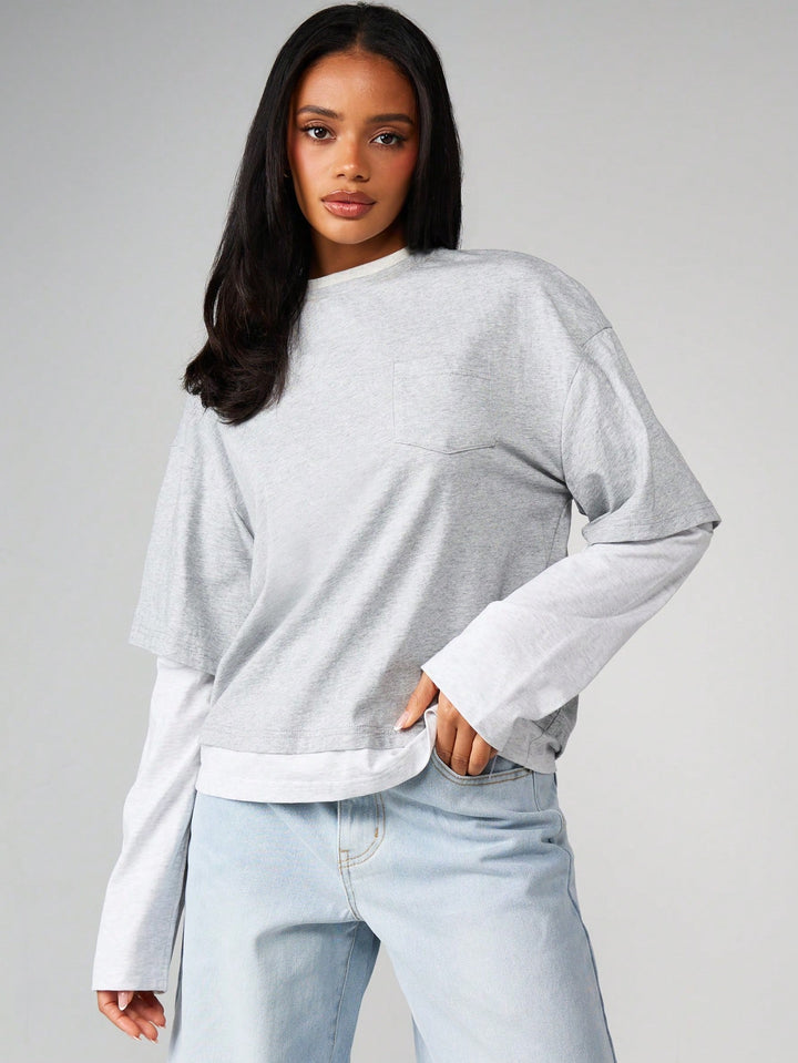 Oversized Layered Pocket Crewneck T Shirt