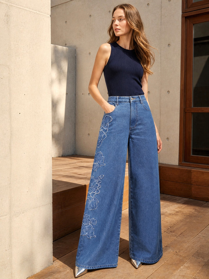 Embroidered High Waisted Wide Leg Jeans