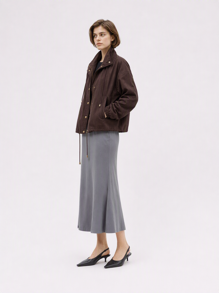 Brown Cropped Snap Button Jacket