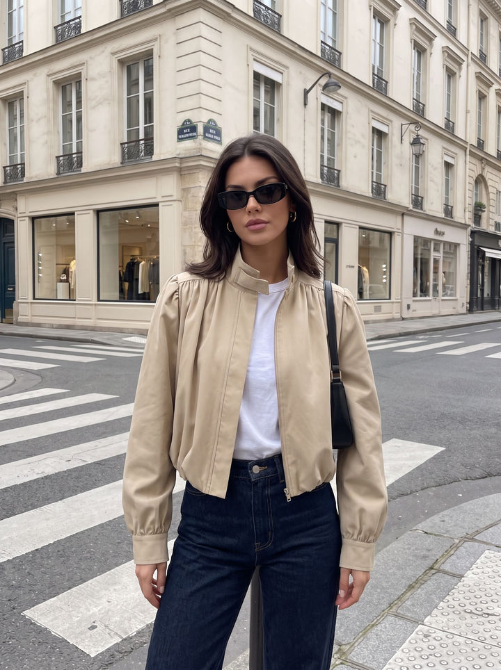 Puff Sleeve Cropped Stand Collar Jacket
