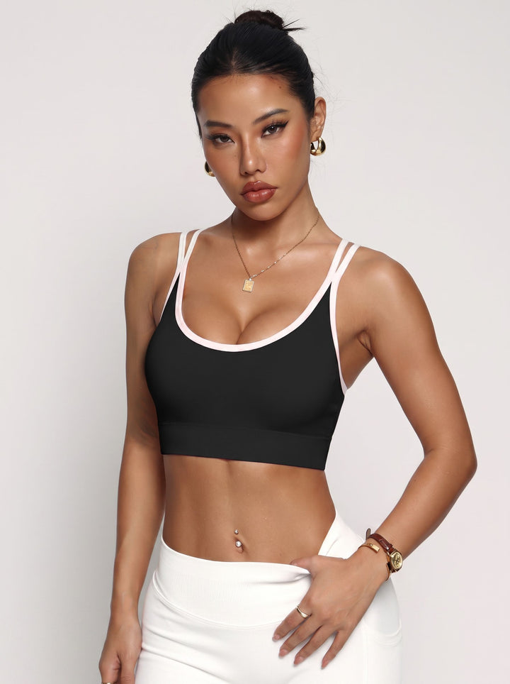 U Neck Double-Strap Contrast-Trim Athletic Sports Bra