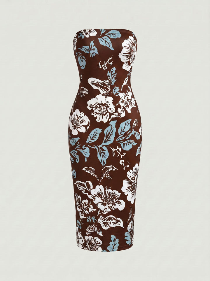 MAIA Tropical Hibiscus Print Strapless Sheath Midi Dress