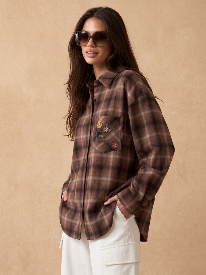 Oversized Plaid Embroidered Button Up Shirt
