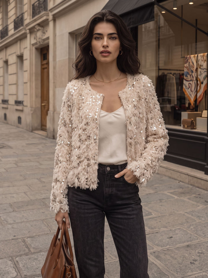 Shimmering Sequin Fringe Crop Jacket