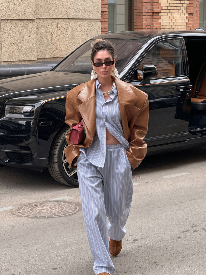 Oversized Brown Faux Leather Blazer Jacket