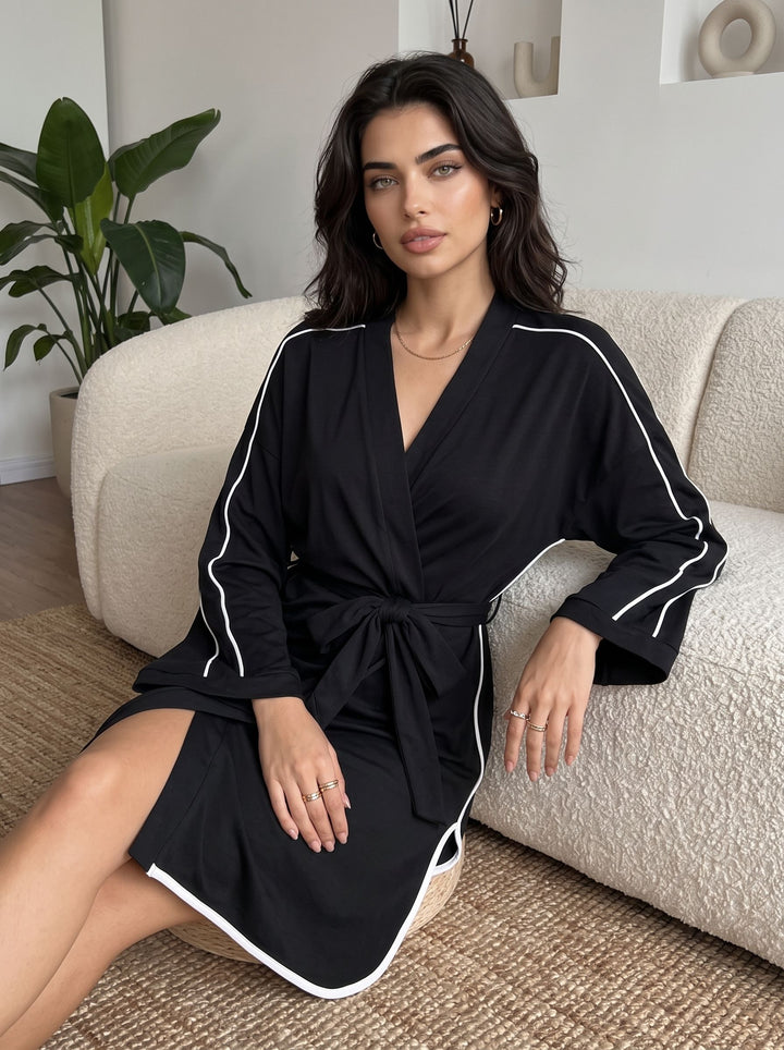 Silky Contrast Trim Wrap Robe