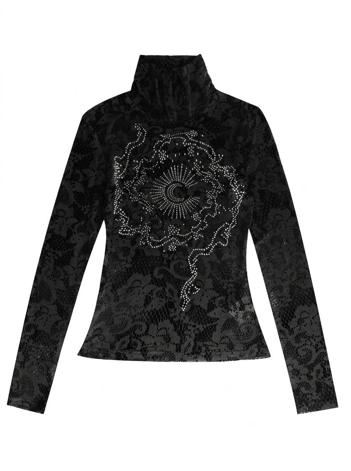 Sheer Rhinestone Mock Neck Lace Tee