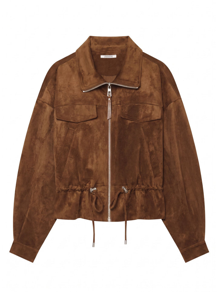 Cropped Suede Drawstring Utility Jacket