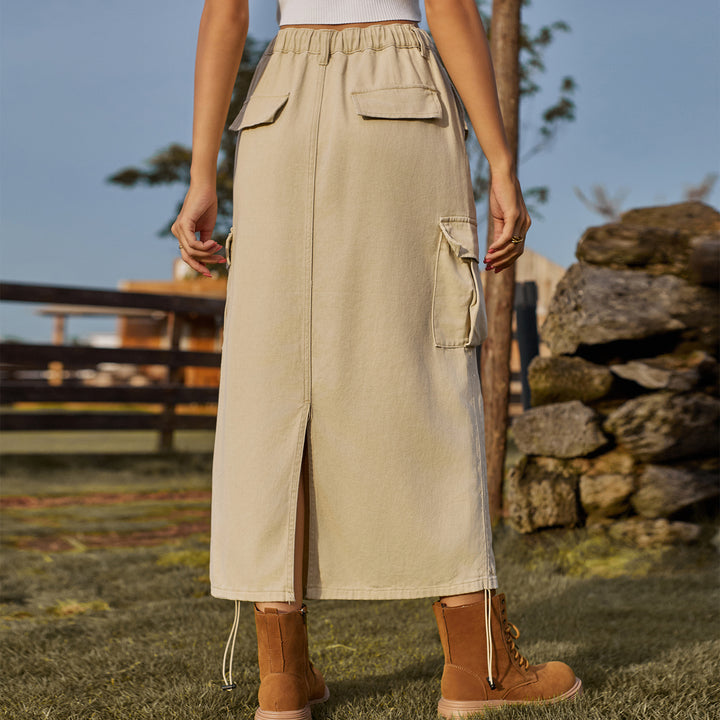 High Waisted Drawstring Denim Midi Skirt