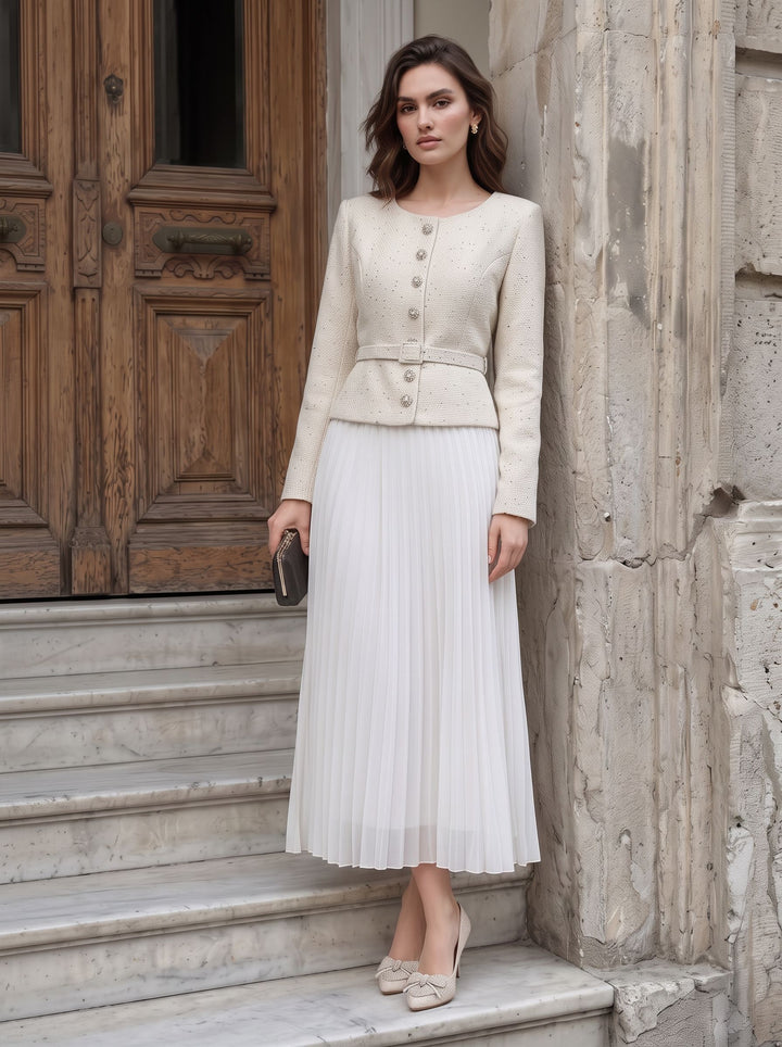 Elegant Tweed Pleated Midi Dress