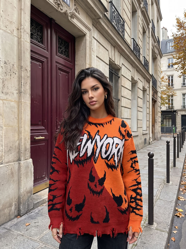 Distressed Graphic Oversized Knit Sweater