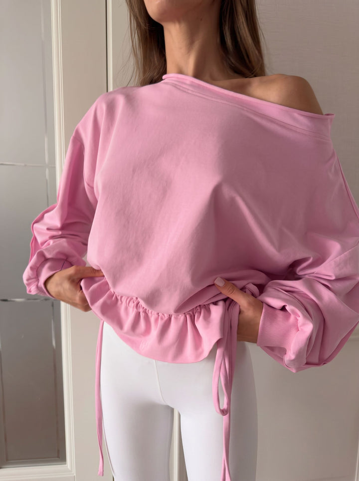 Off The Shoulder Ruffled Hem Sweatshirt