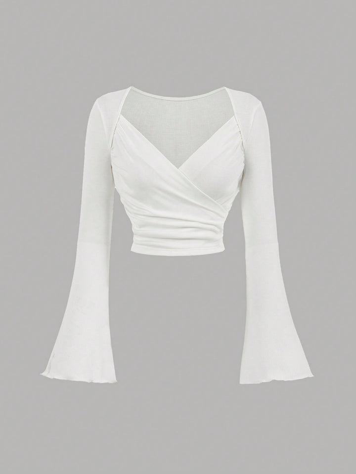 Ribbed Wrap Bell Sleeve Crop Top