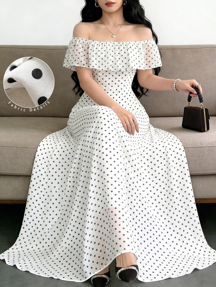 Off Shoulder Polka Dot Midi Dress